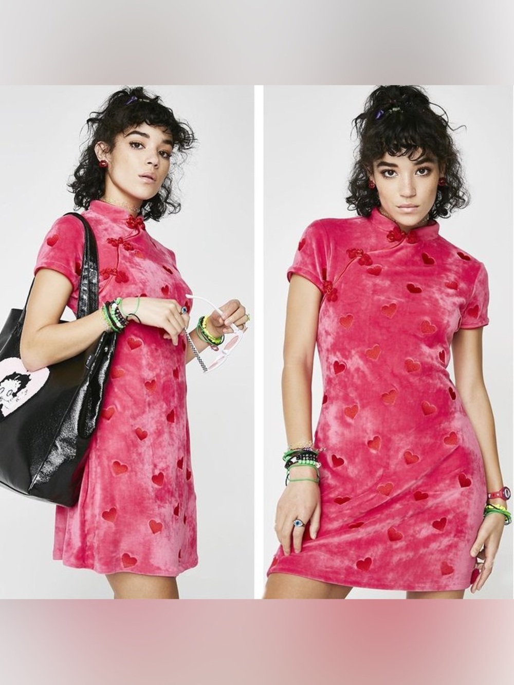 Rare Lazy Oaf Watch Yourself Pink Mini Dress with Red Heart Embroidery Sz S